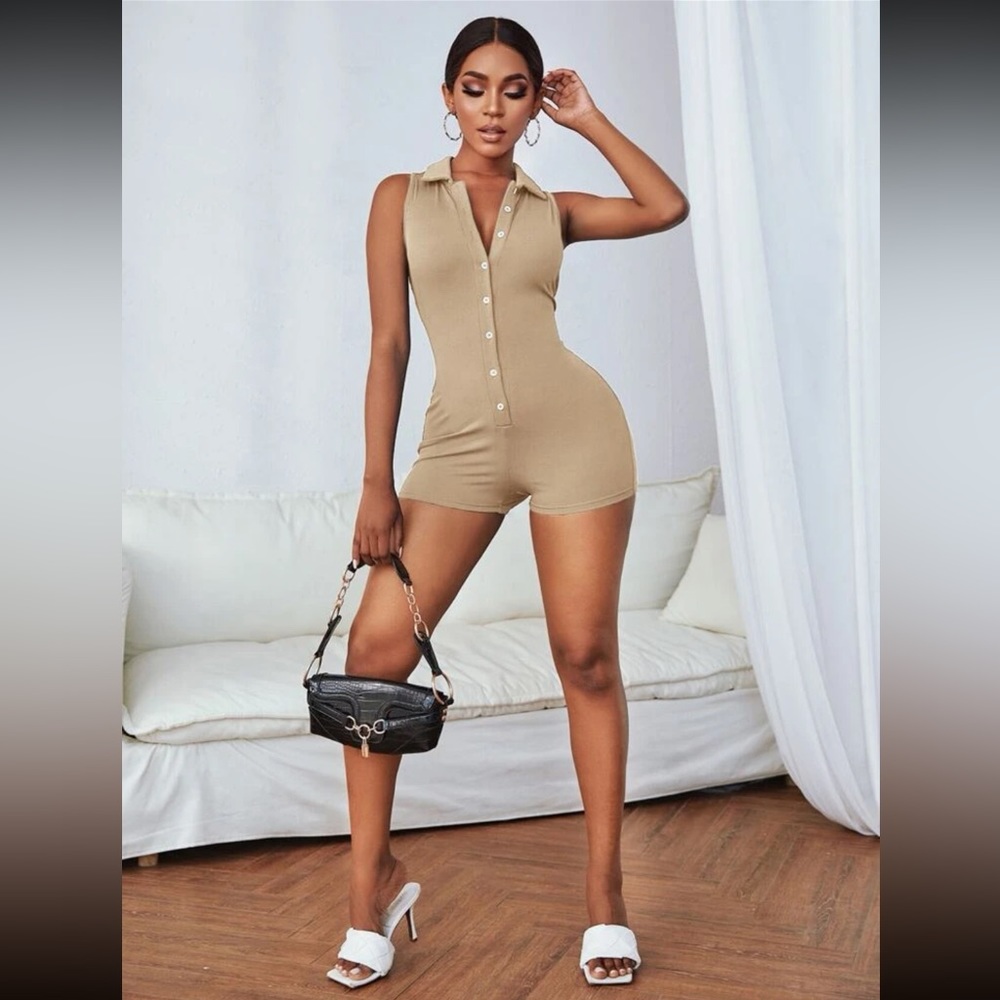 SHEIN Button Up Front Rib-Knit Romper - Picture 5 of 7